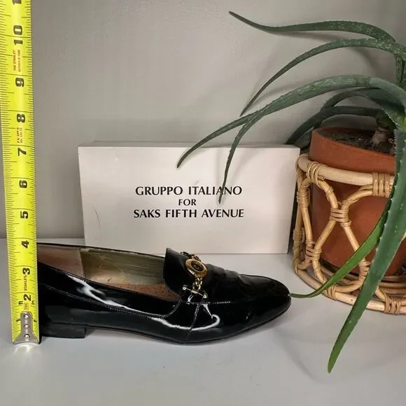 Vintage Gruppo Italiano for Saks Patent Leather Loafers Laila Black Gold Bit 9.5 - Picture 12 of 13
